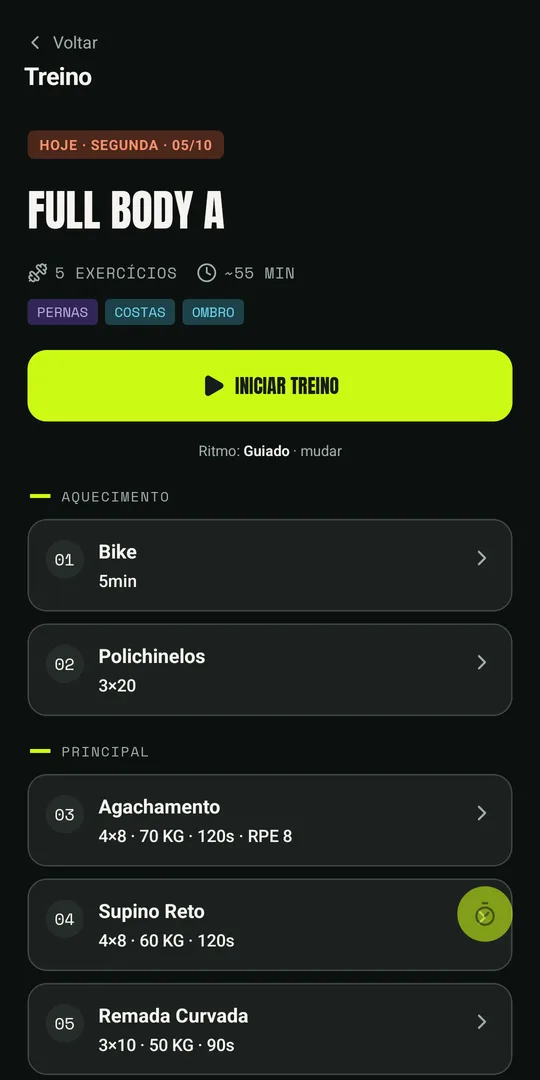 Detalhe de um treino: título, número de exercícios, duração estimada, músculos trabalhados e a lista de exercícios por fase.